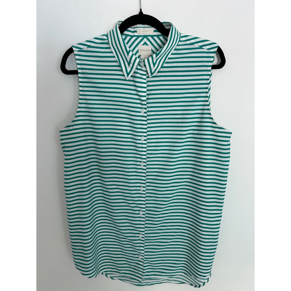 Chicos No Iron Sleeveless Button Down Shirt Green White Striped Size 2 Large